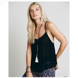 Free People Black Lace Trim Cami Tank Top Womens XS